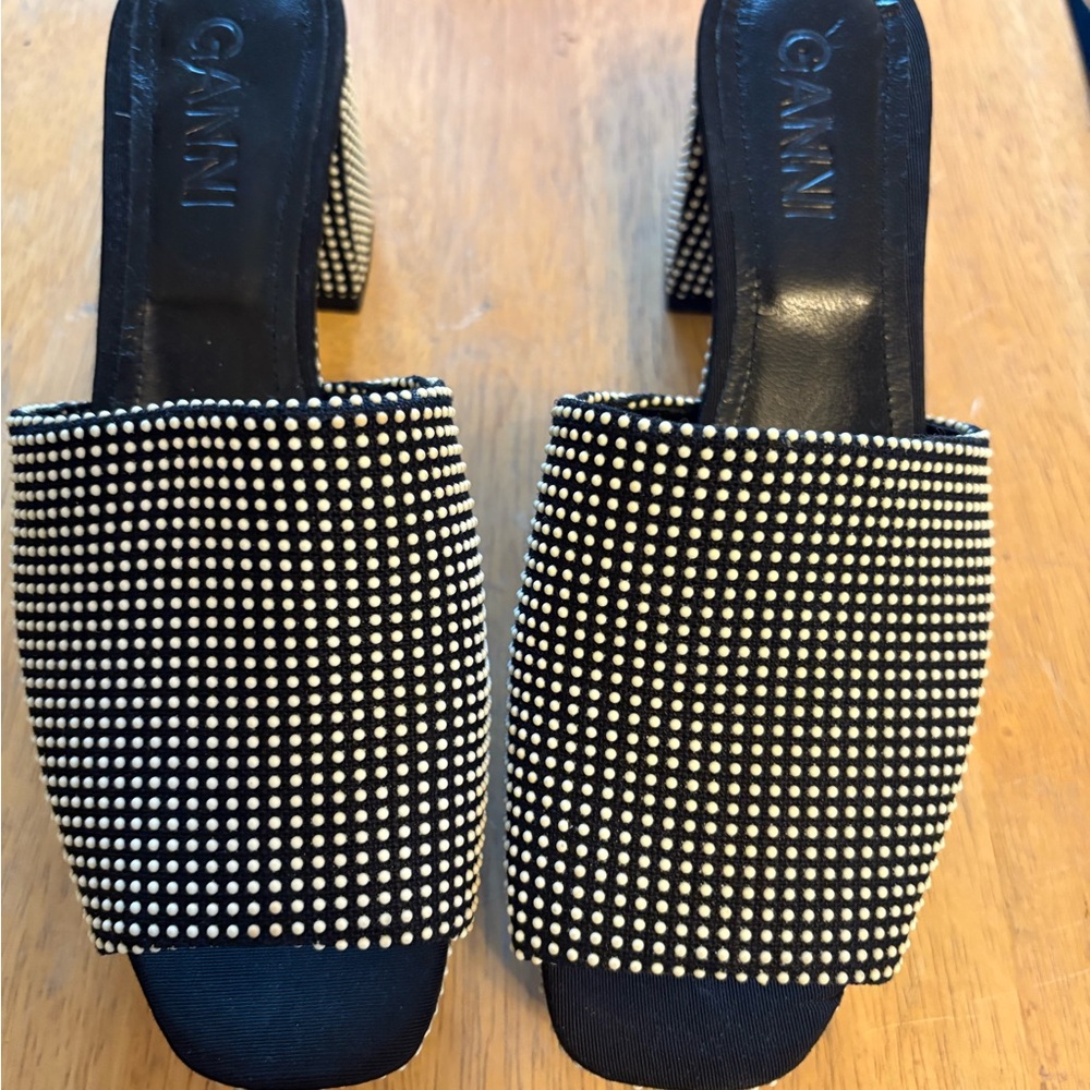 Ganni Black and White Studded Mules